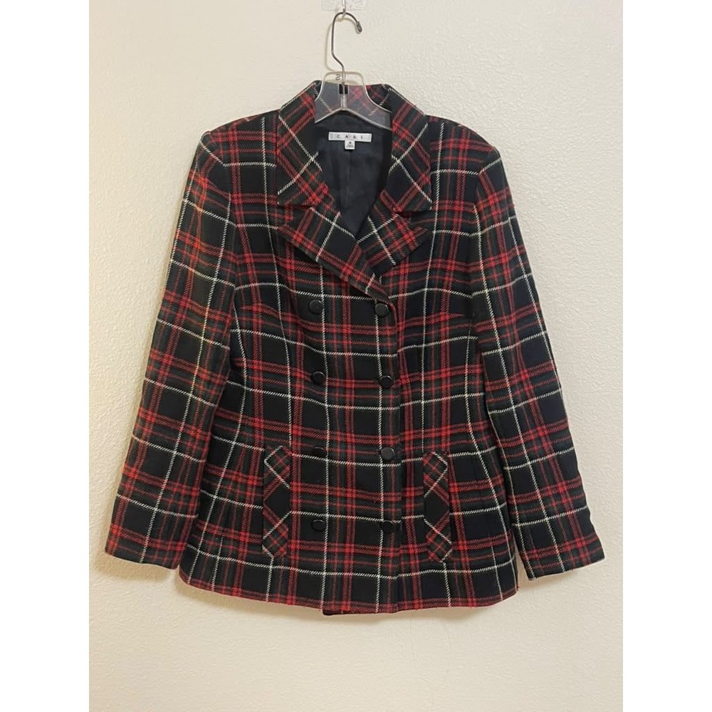 Cabi 165 Red Black Plaid Wool Blend Double Breasted Peacoat Jacket Womens Size 8